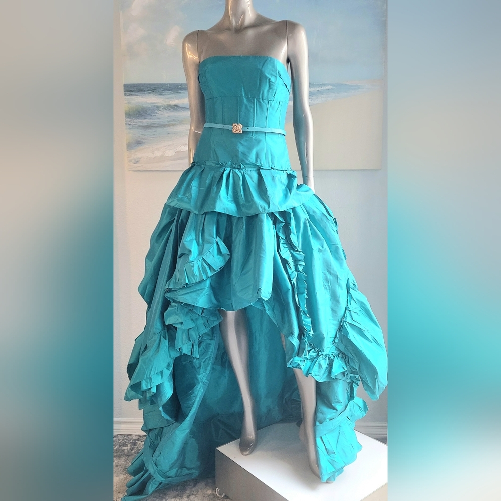 ◇*$6,690 NEW OSCAR DE LA RENTA STUNNING BLUE SILK RUFFLE TRAIN GOWN DRESS US 8